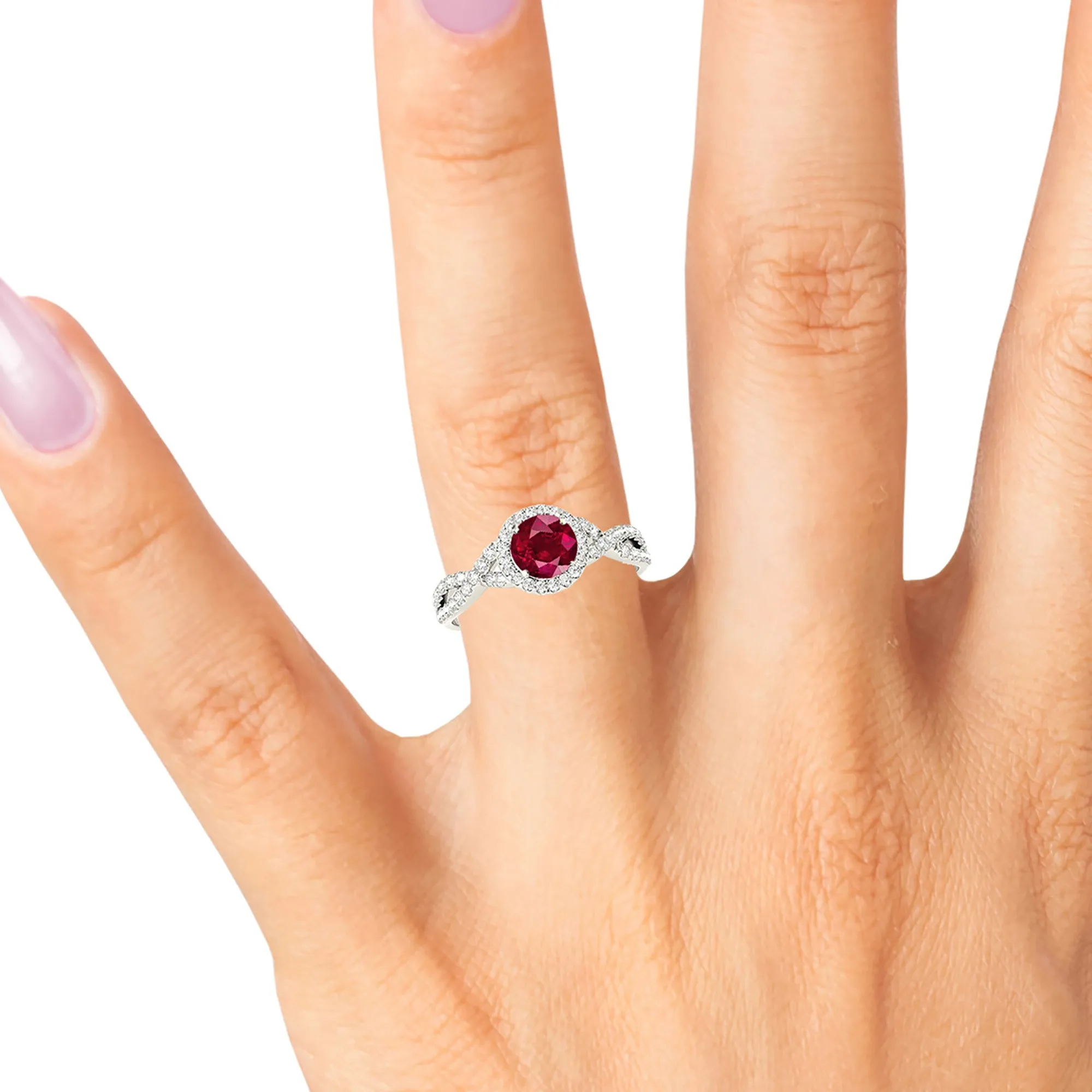 1.35 ct. Genuine Ruby Ring With Halo And Twist Diamond band