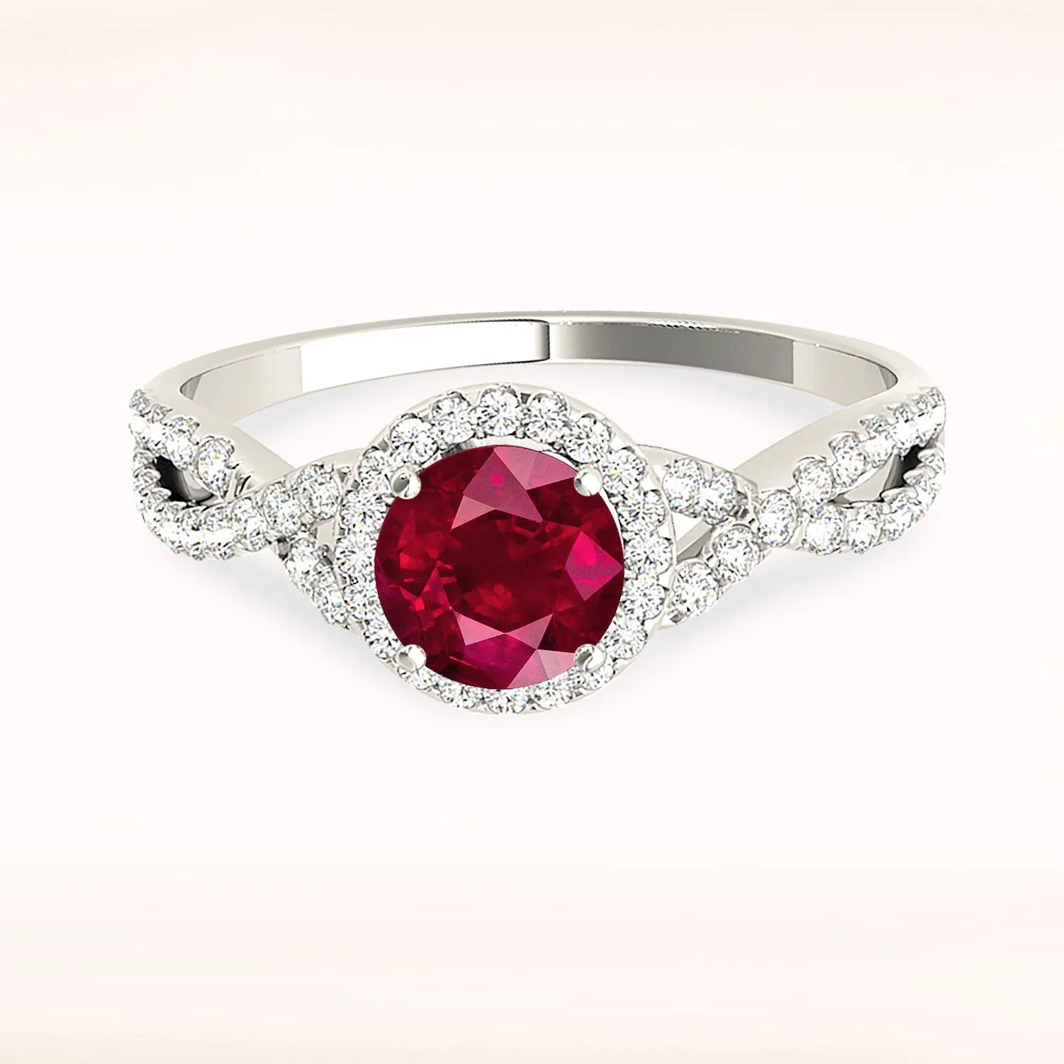 1.35 ct. Genuine Ruby Ring With Halo And Twist Diamond band