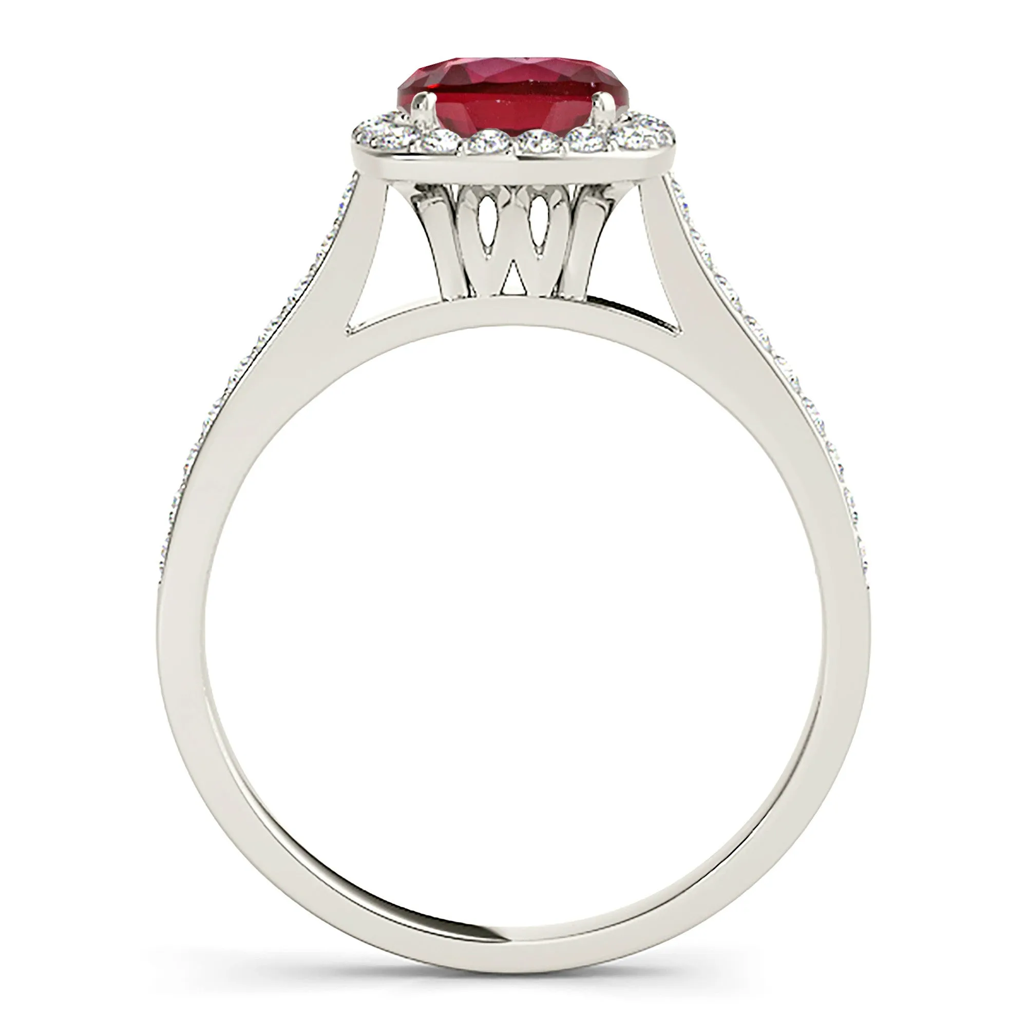 1.45 ct. Genuine Ruby Ring With Cushion Halo And Delicate Diamond Band