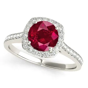 1.45 ct. Genuine Ruby Ring With Cushion Halo And Delicate Diamond Band