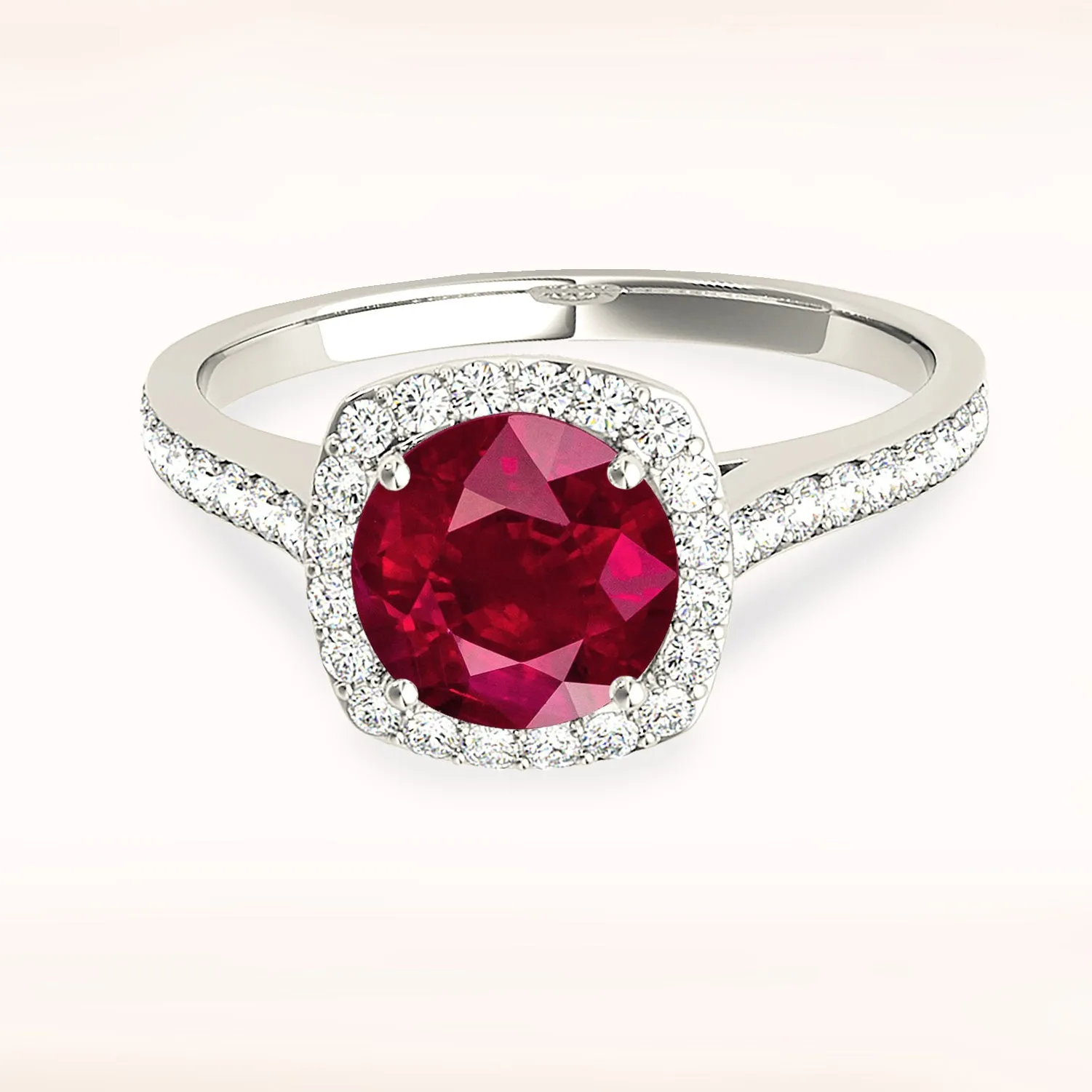 1.45 ct. Genuine Ruby Ring With Cushion Halo And Delicate Diamond Band