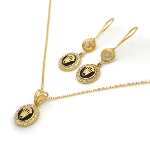 14k Gold CZ Crown with Black Enamel Earring & Necklace Set