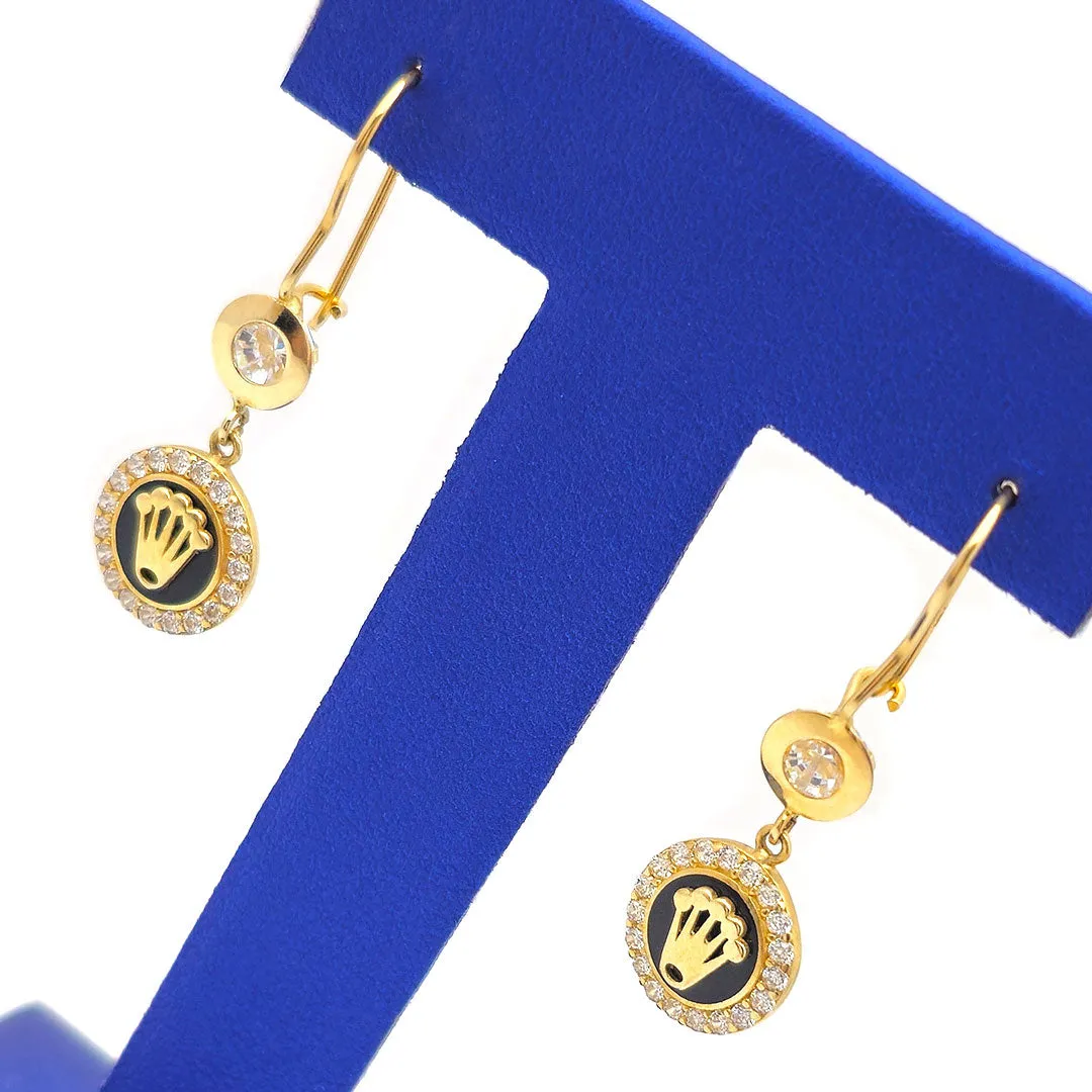 14k Gold CZ Crown with Black Enamel Earring & Necklace Set