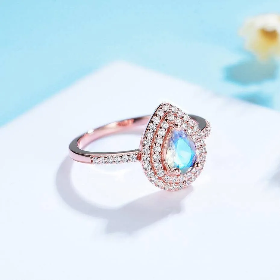14K Gold Natural Moonstone 1ct Pear Cut Engagement Ring