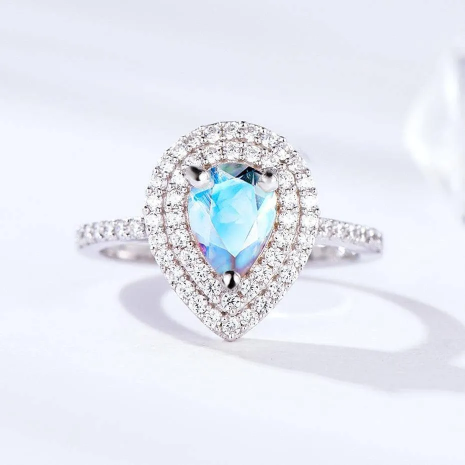 14K Gold Natural Moonstone 1ct Pear Cut Engagement Ring