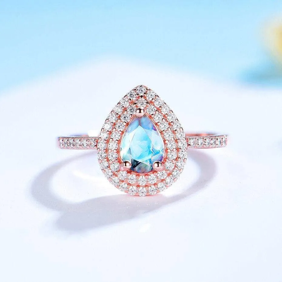 14K Gold Natural Moonstone 1ct Pear Cut Engagement Ring