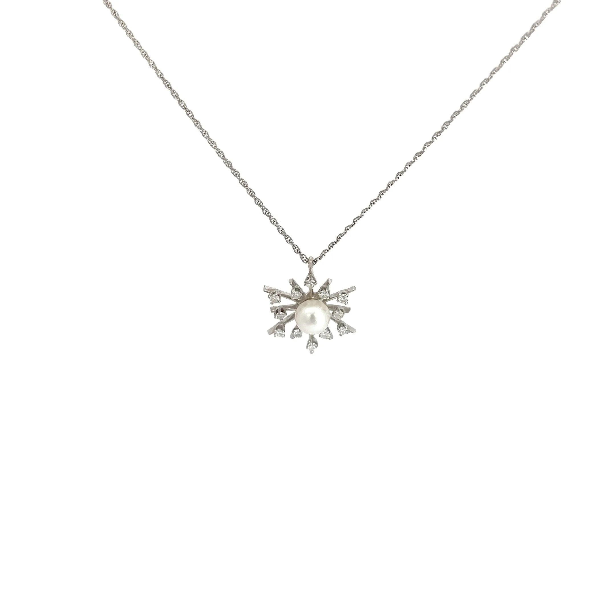 14k White Gold .25ct G VS2 Round Diamond and Tahitian Pearl 5mm Snowflake Necklace