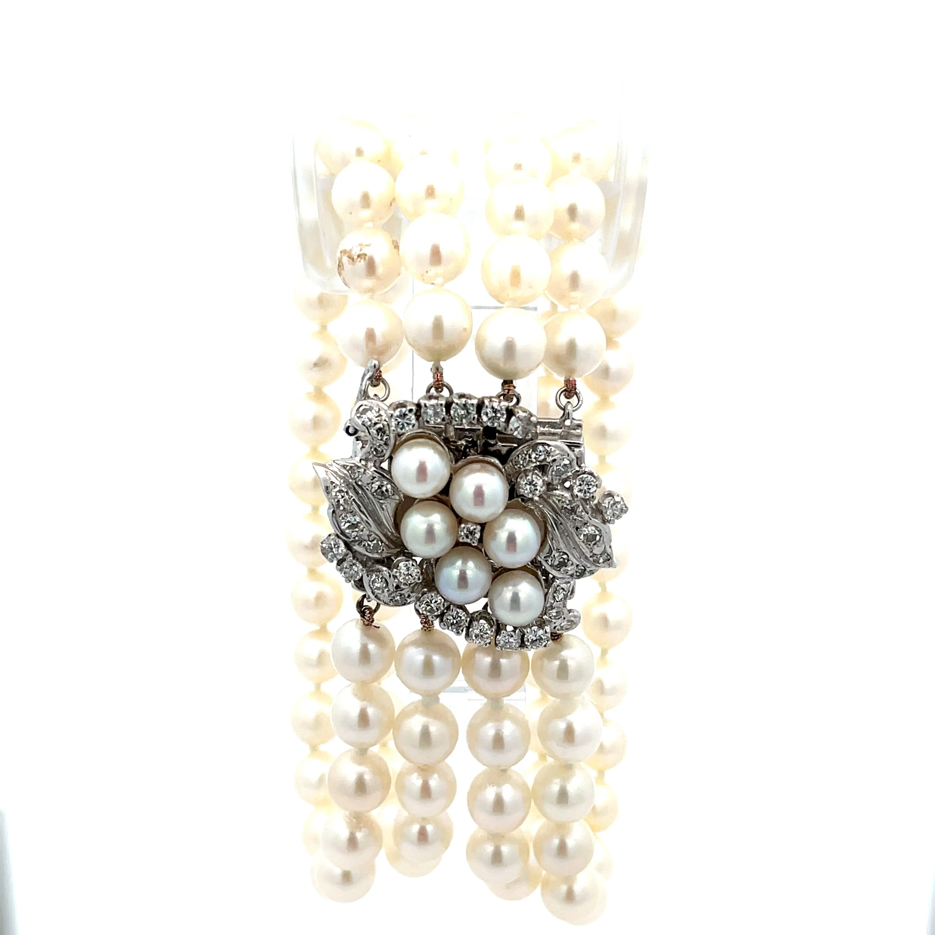 14k white gold 4 Strand 6mm Fresh Water White  Pearl Bracelet with 1.23ct G Si1 Round  Diamond Clasp