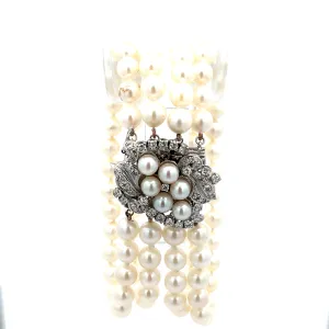 14k white gold 4 Strand 6mm Fresh Water White  Pearl Bracelet with 1.23ct G Si1 Round  Diamond Clasp