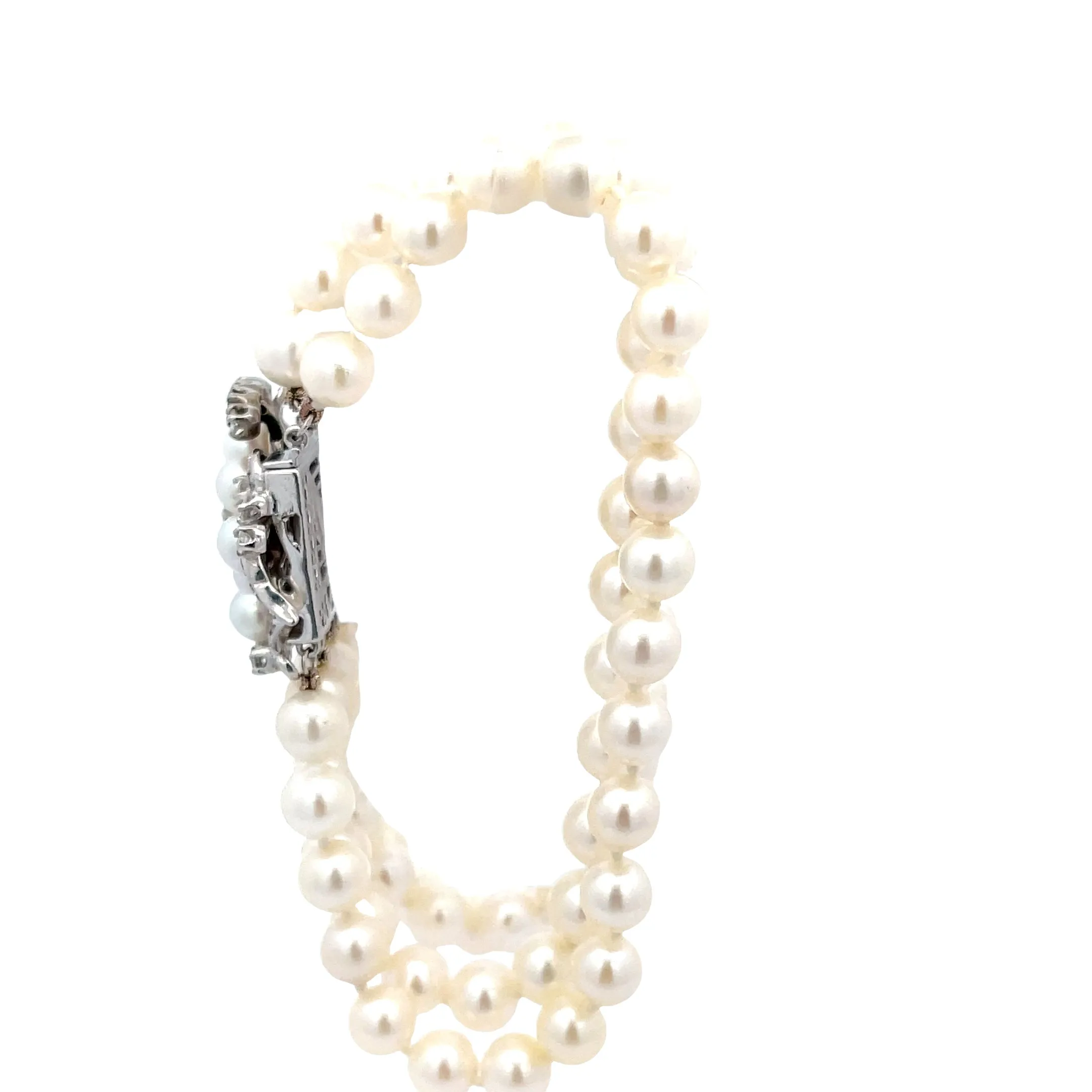 14k white gold 4 Strand 6mm Fresh Water White  Pearl Bracelet with 1.23ct G Si1 Round  Diamond Clasp