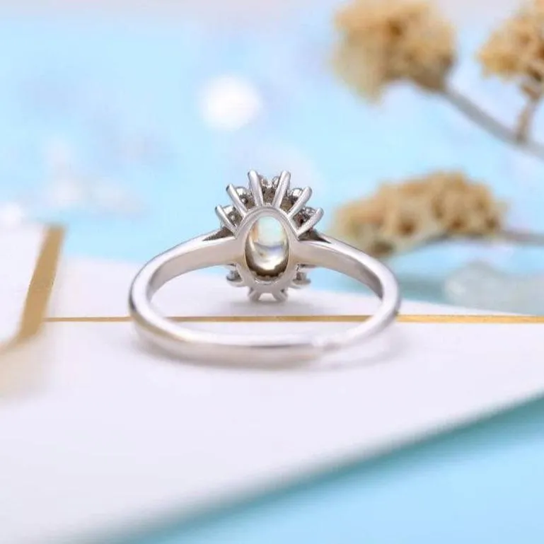 14k White Gold 5*7mm Oval Cut Moonstone Floral Halo Engagement