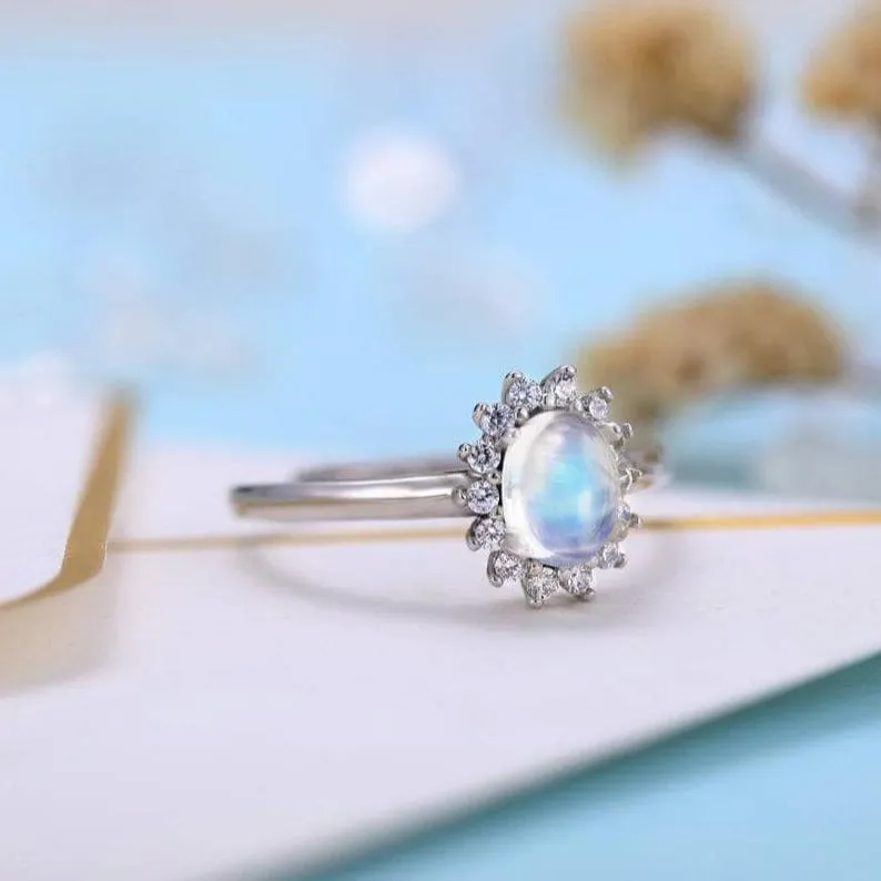 14k White Gold 5*7mm Oval Cut Moonstone Floral Halo Engagement