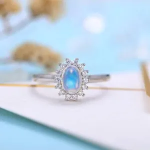 14k White Gold 5*7mm Oval Cut Moonstone Floral Halo Engagement