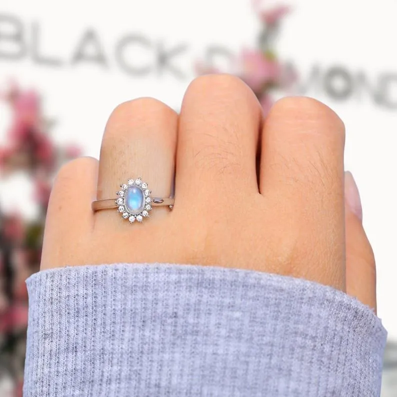 14k White Gold 5*7mm Oval Cut Moonstone Floral Halo Engagement
