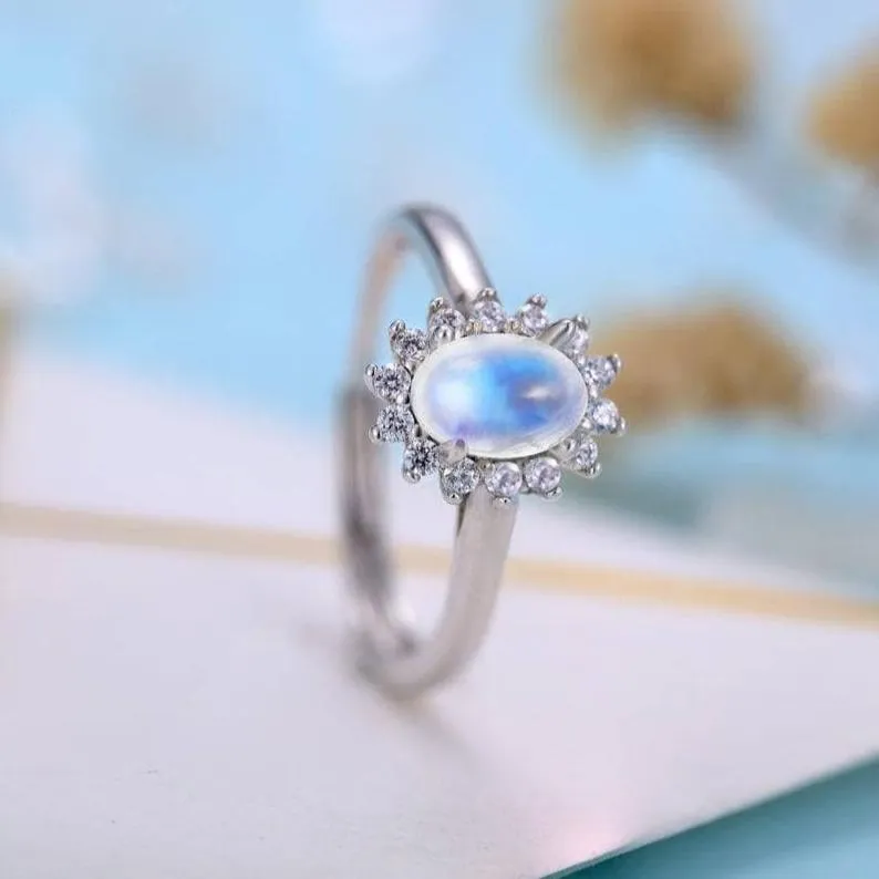 14k White Gold 5*7mm Oval Cut Moonstone Floral Halo Engagement