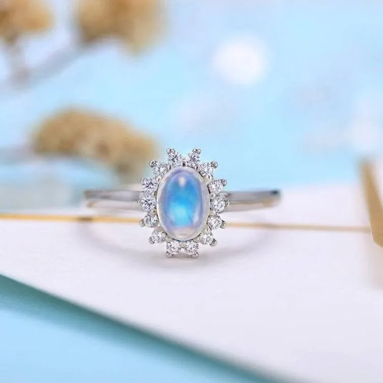14k White Gold 5*7mm Oval Cut Moonstone Floral Halo Engagement