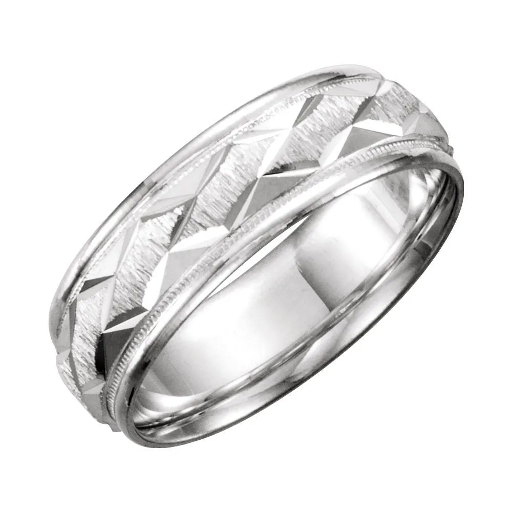 14k White Gold 7mm Comfort-Fit Patterned Band Size 8