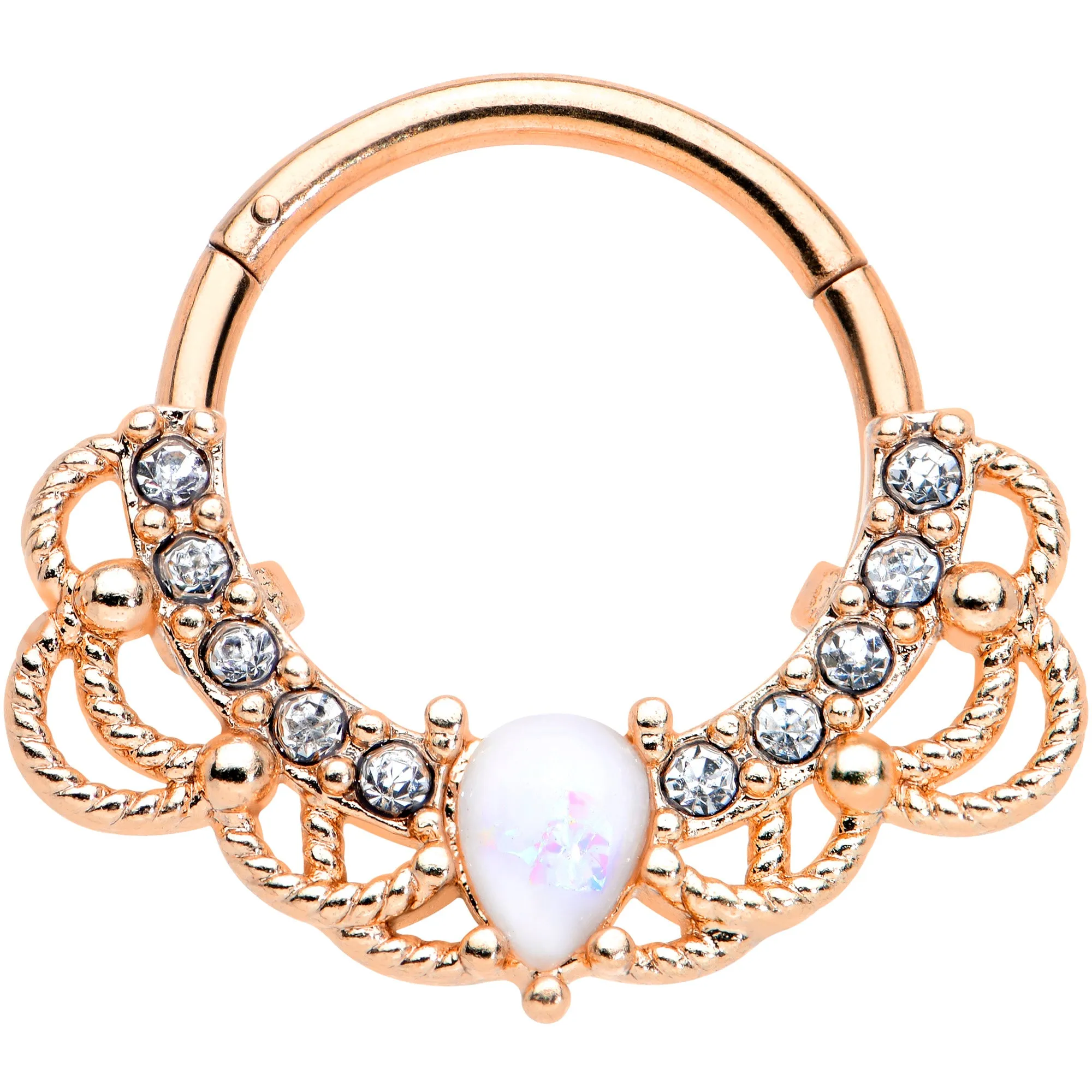 16 Gauge 3/8 White Faux Opal Rose Gold Tone Lace Hinged Segment Ring