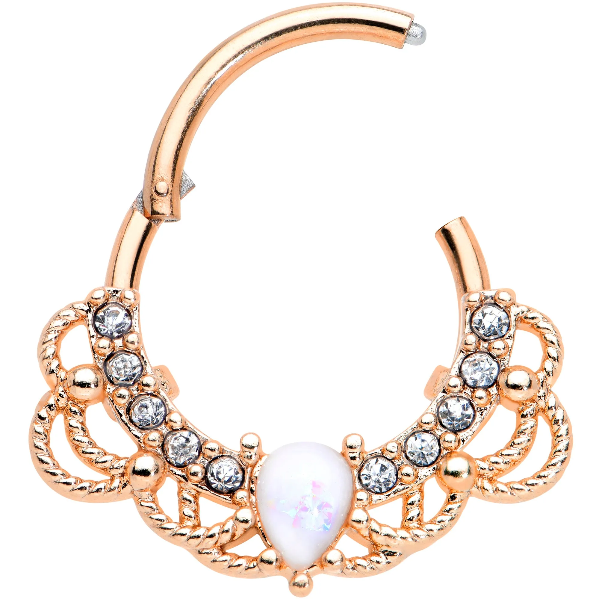 16 Gauge 3/8 White Faux Opal Rose Gold Tone Lace Hinged Segment Ring