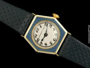 1930's J.E. Caldwell Cresarrow Vintage Art Deco Ladies Watch - 14K Gold & Blue Enamel