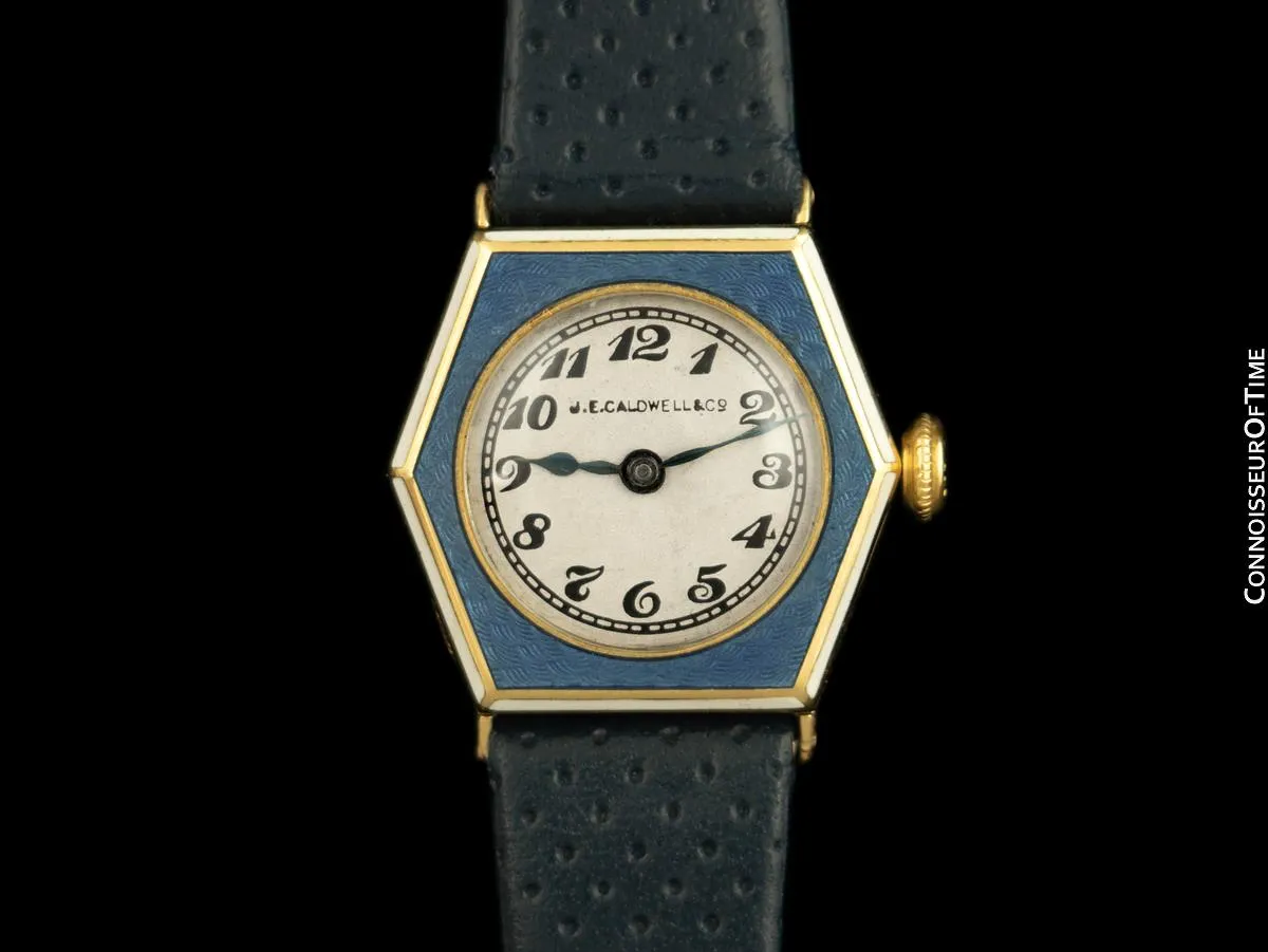 1930's J.E. Caldwell Cresarrow Vintage Art Deco Ladies Watch - 14K Gold & Blue Enamel