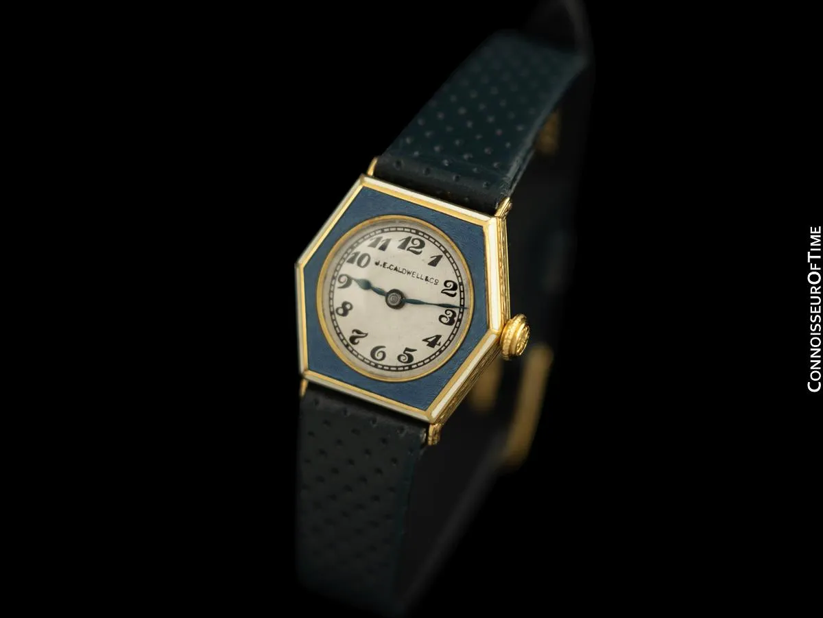 1930's J.E. Caldwell Cresarrow Vintage Art Deco Ladies Watch - 14K Gold & Blue Enamel
