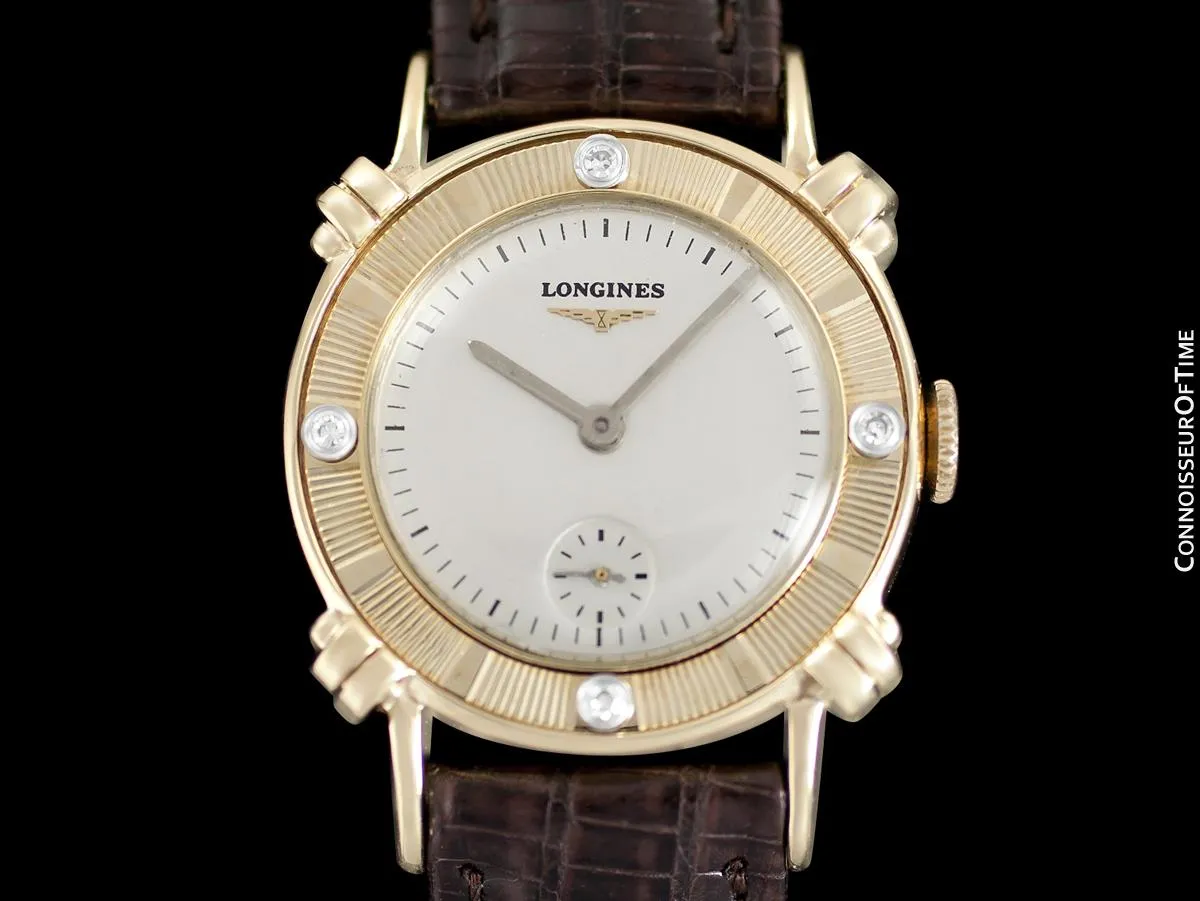1951 Longines Vintage Mens Midsize Watch with Knot Lugs - 14K Gold & Diamonds