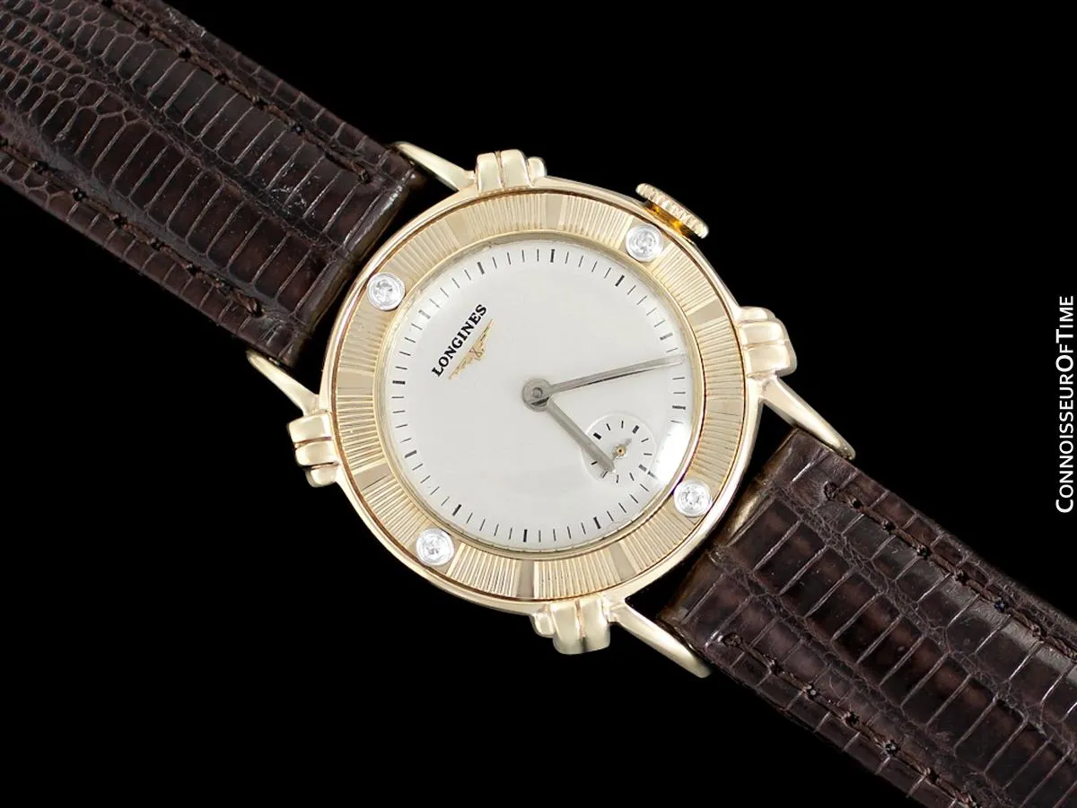 1951 Longines Vintage Mens Midsize Watch with Knot Lugs - 14K Gold & Diamonds
