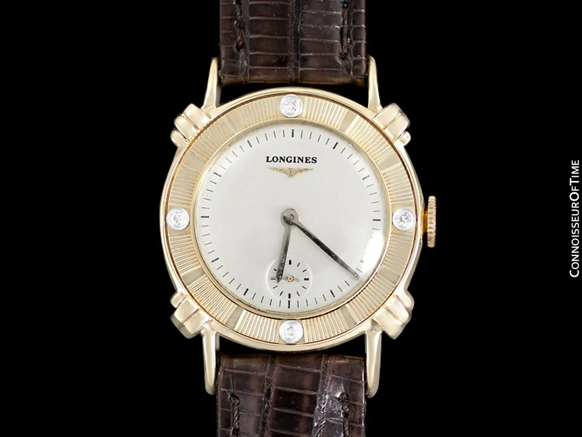 1951 Longines Vintage Mens Midsize Watch with Knot Lugs - 14K Gold & Diamonds