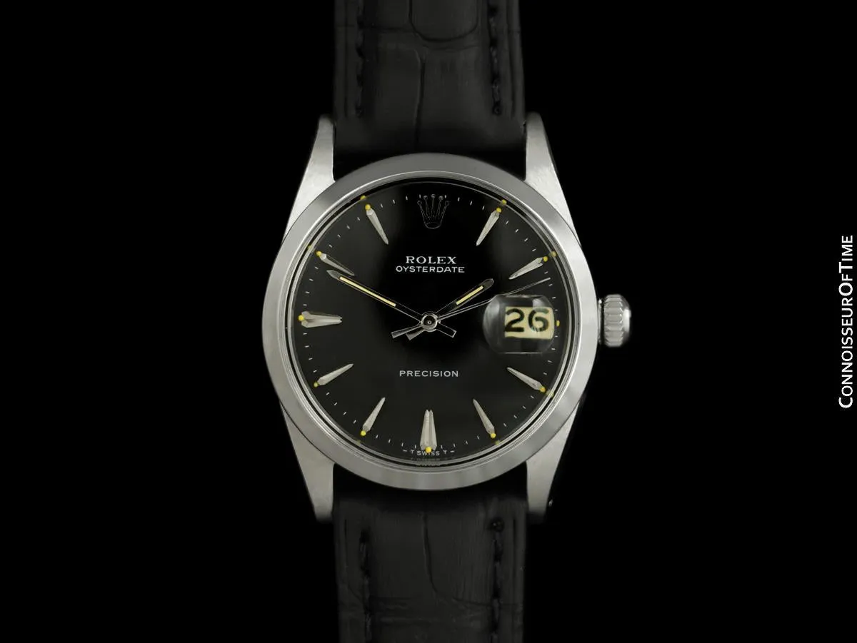 1968 Rolex Oysterdate Vintage Mens Black Dial Watch with Date - Stainless Steel