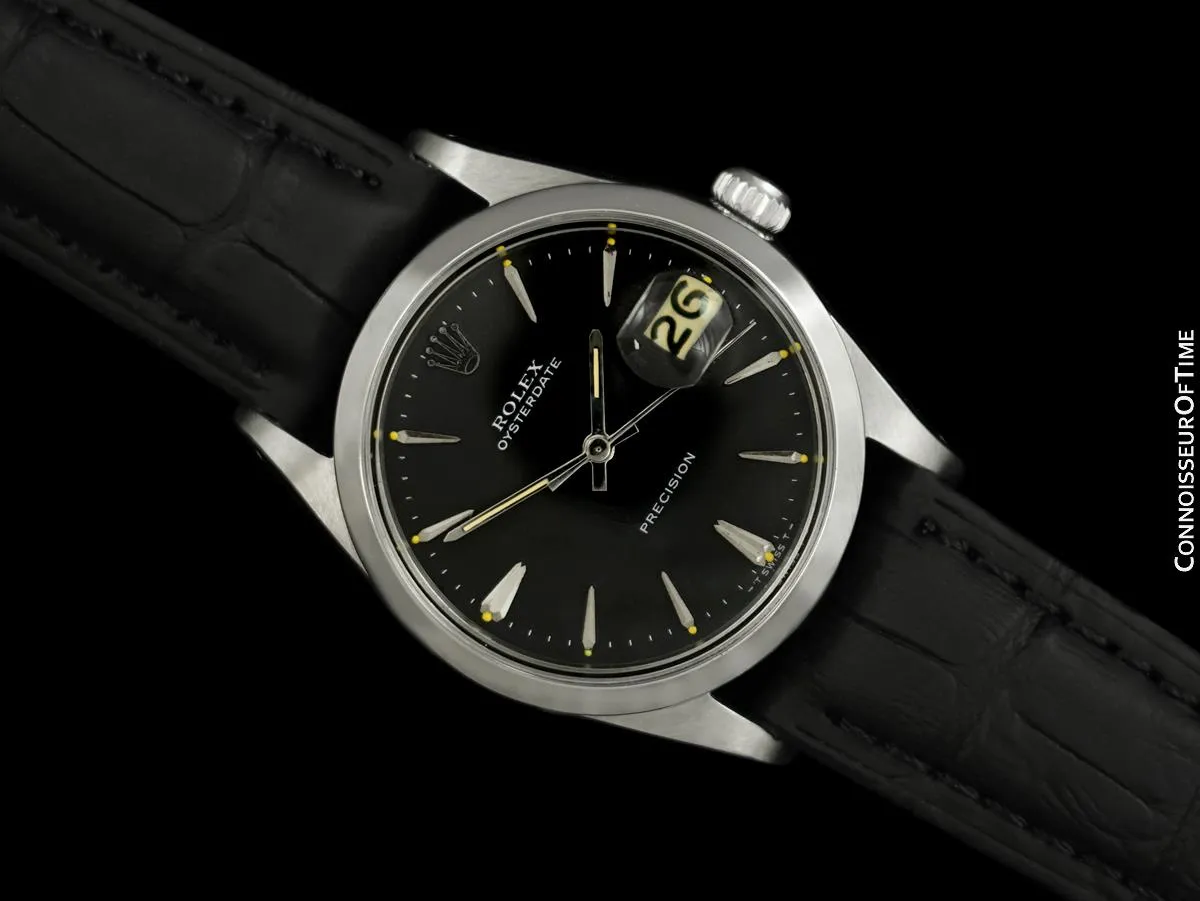 1968 Rolex Oysterdate Vintage Mens Black Dial Watch with Date - Stainless Steel