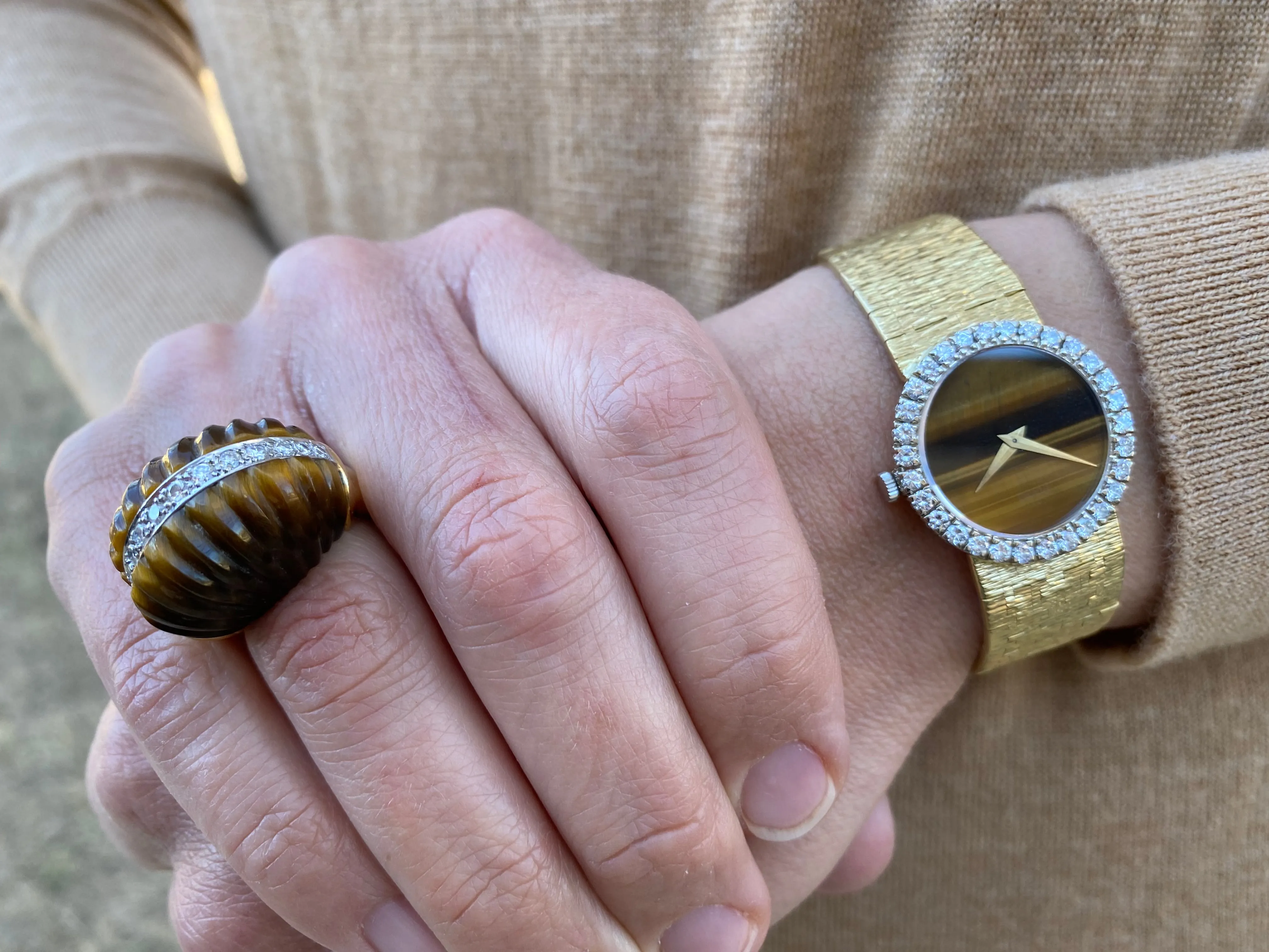 1970 Piaget Ladies Vintage Tiger Eye 18K Gold & Factory Piaget Diamond Watch & Ring - Boxes & Papers