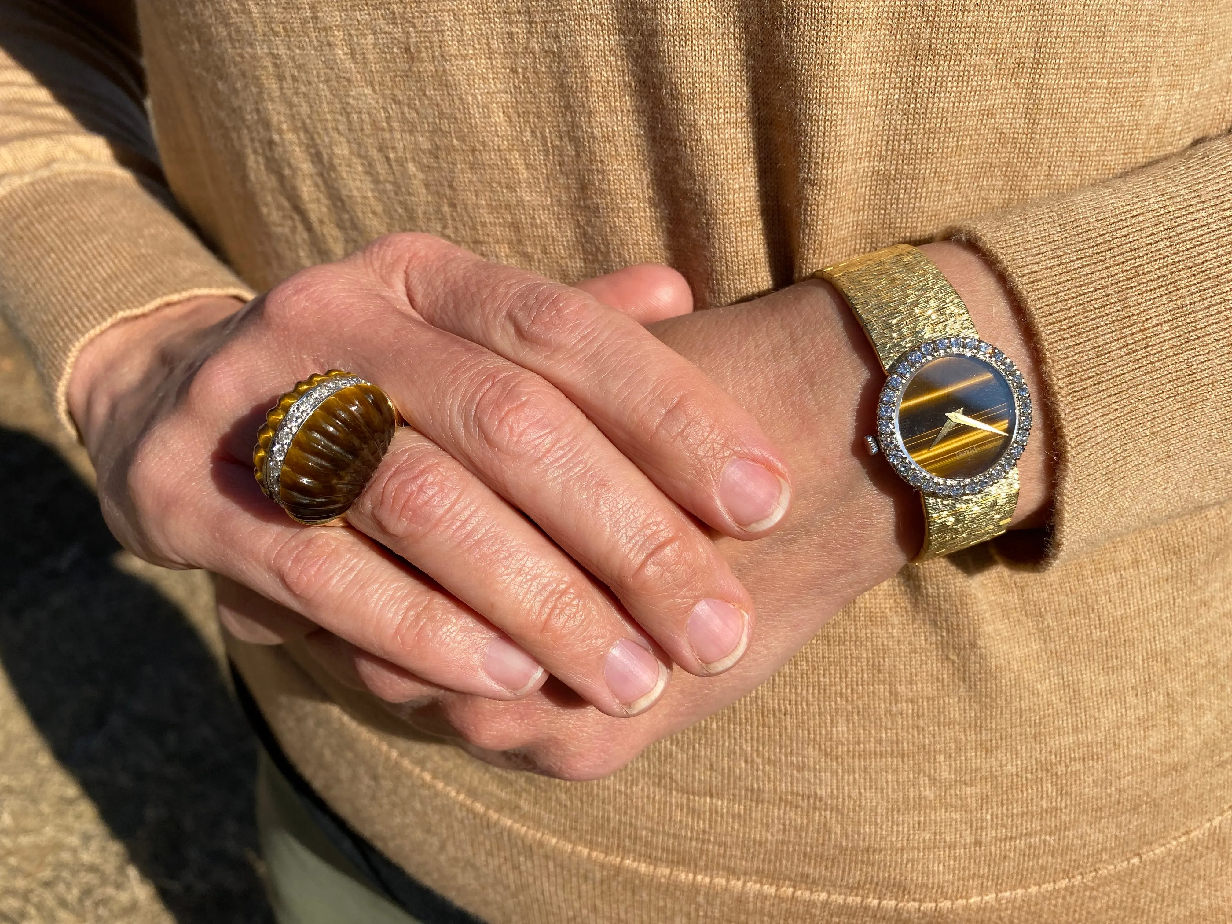 1970 Piaget Ladies Vintage Tiger Eye 18K Gold & Factory Piaget Diamond Watch & Ring - Boxes & Papers