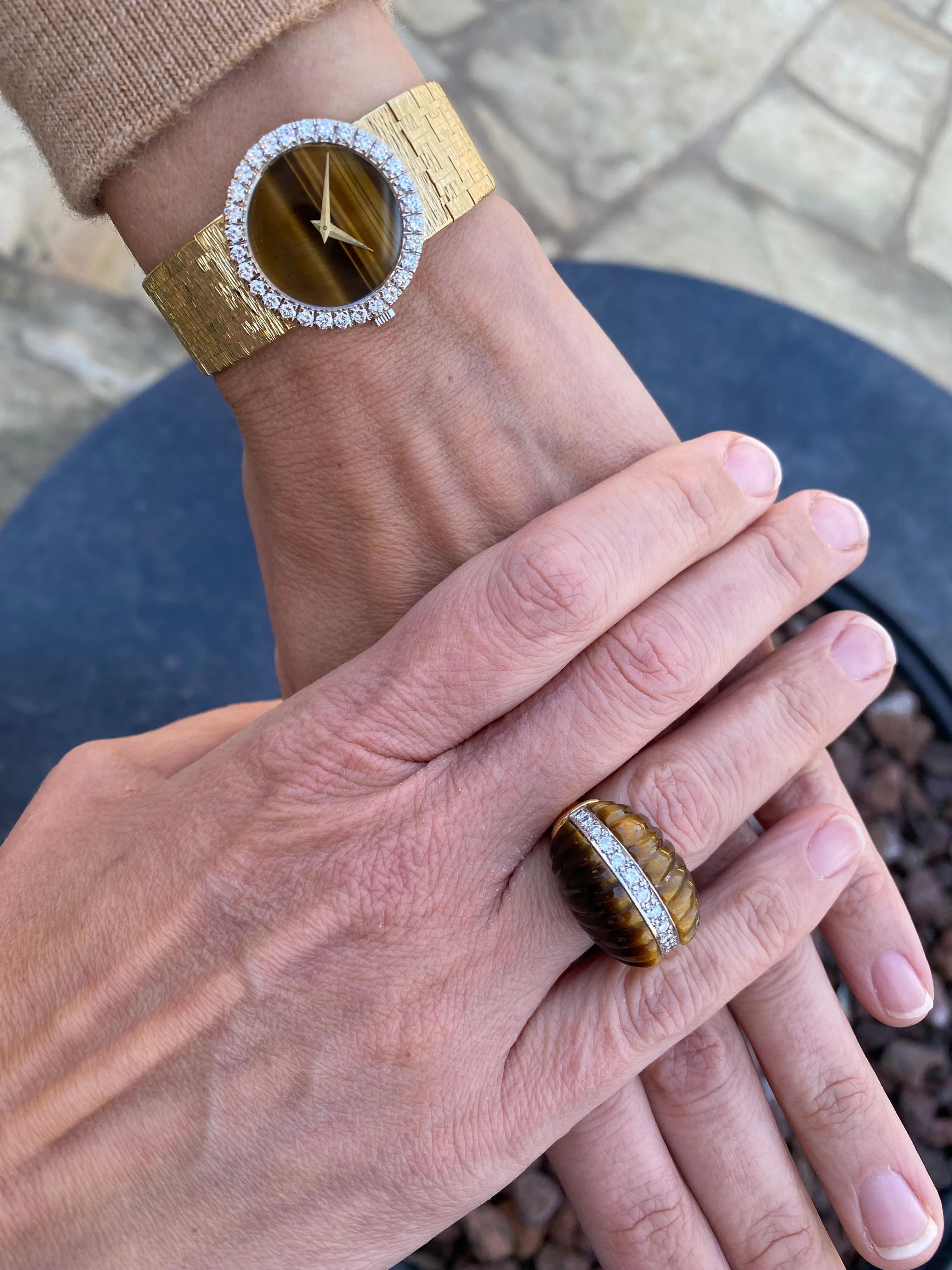 1970 Piaget Ladies Vintage Tiger Eye 18K Gold & Factory Piaget Diamond Watch & Ring - Boxes & Papers