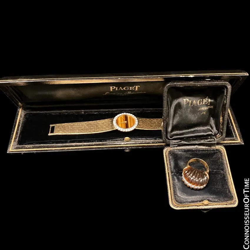 1970 Piaget Ladies Vintage Tiger Eye 18K Gold & Factory Piaget Diamond Watch & Ring - Boxes & Papers