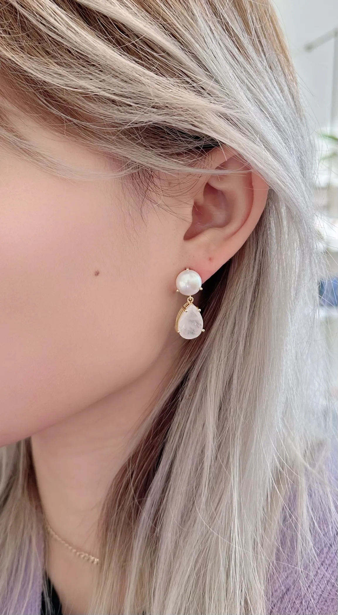 Amare Wear Freshwater Pearl and Teardrop Moonstone Statement Earring