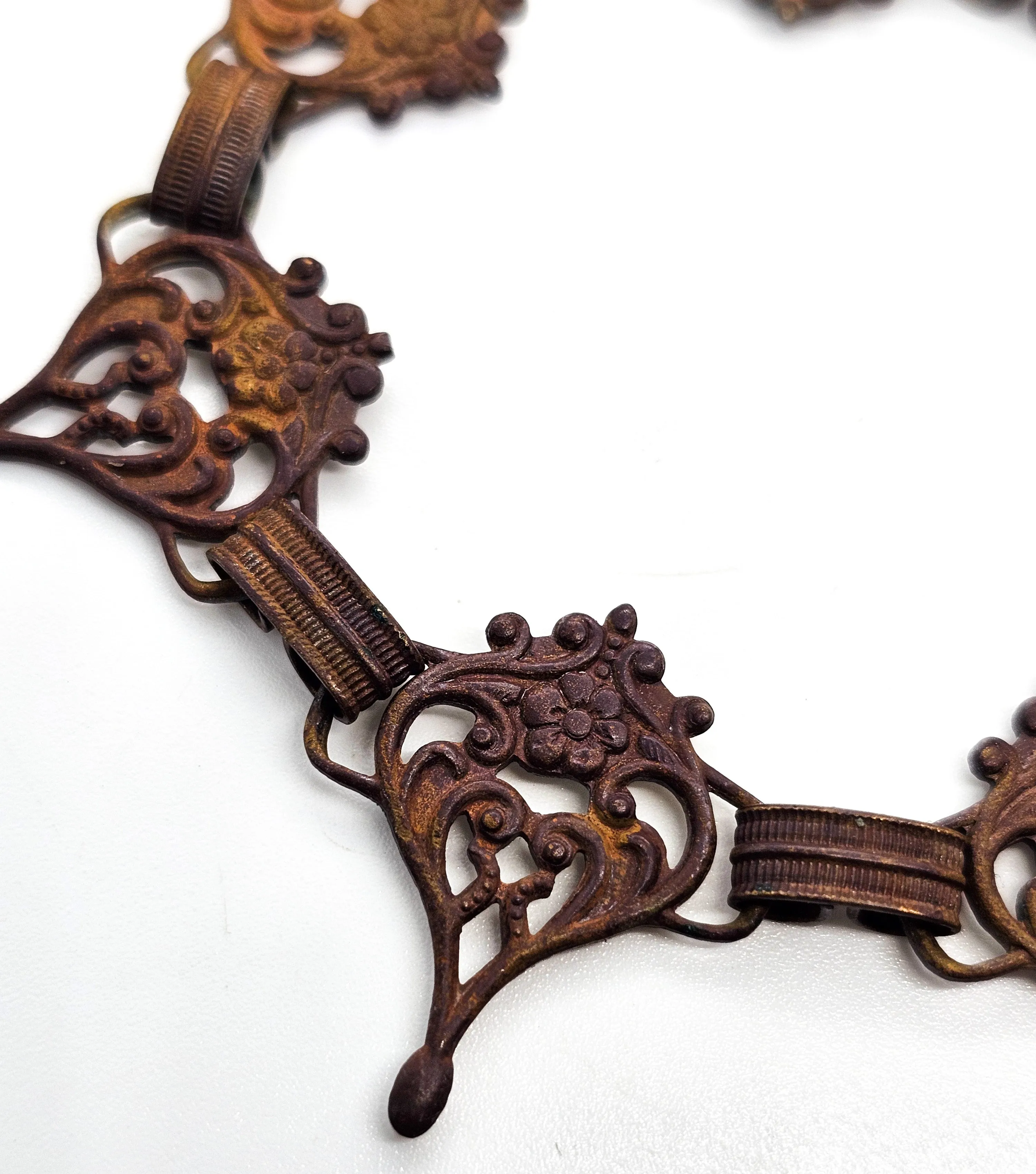 Art Nouveau brass metal flower cartouche antique tennis panel bracelet