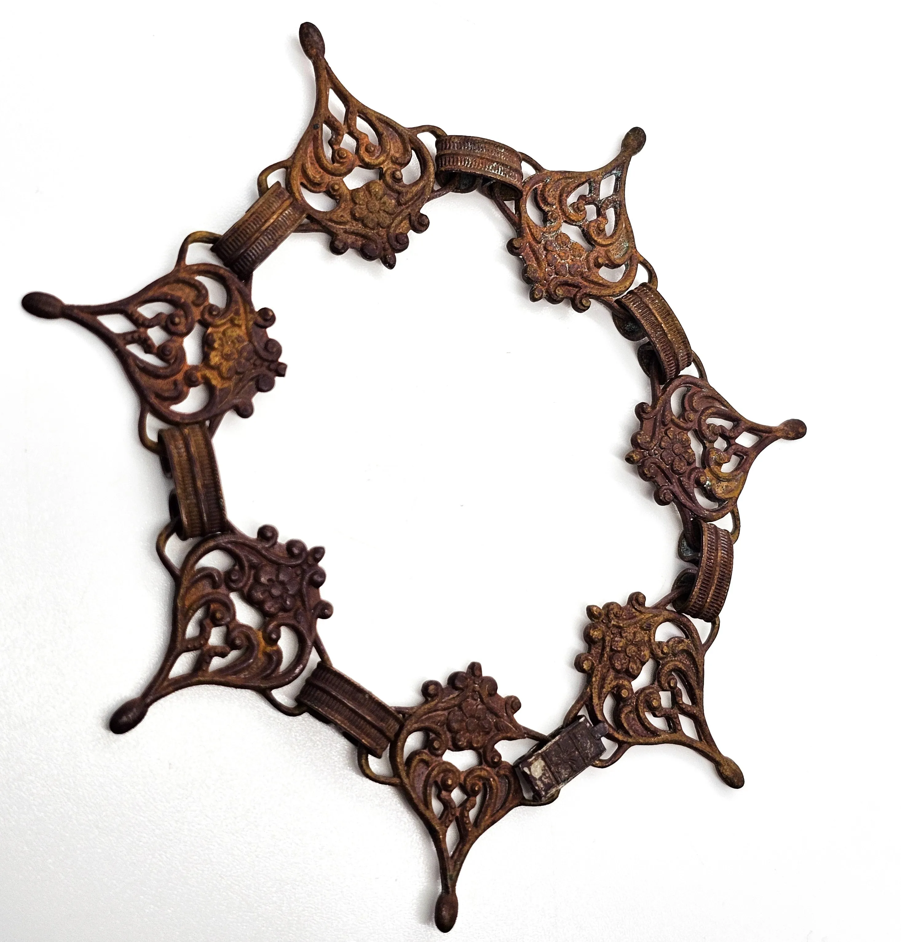 Art Nouveau brass metal flower cartouche antique tennis panel bracelet