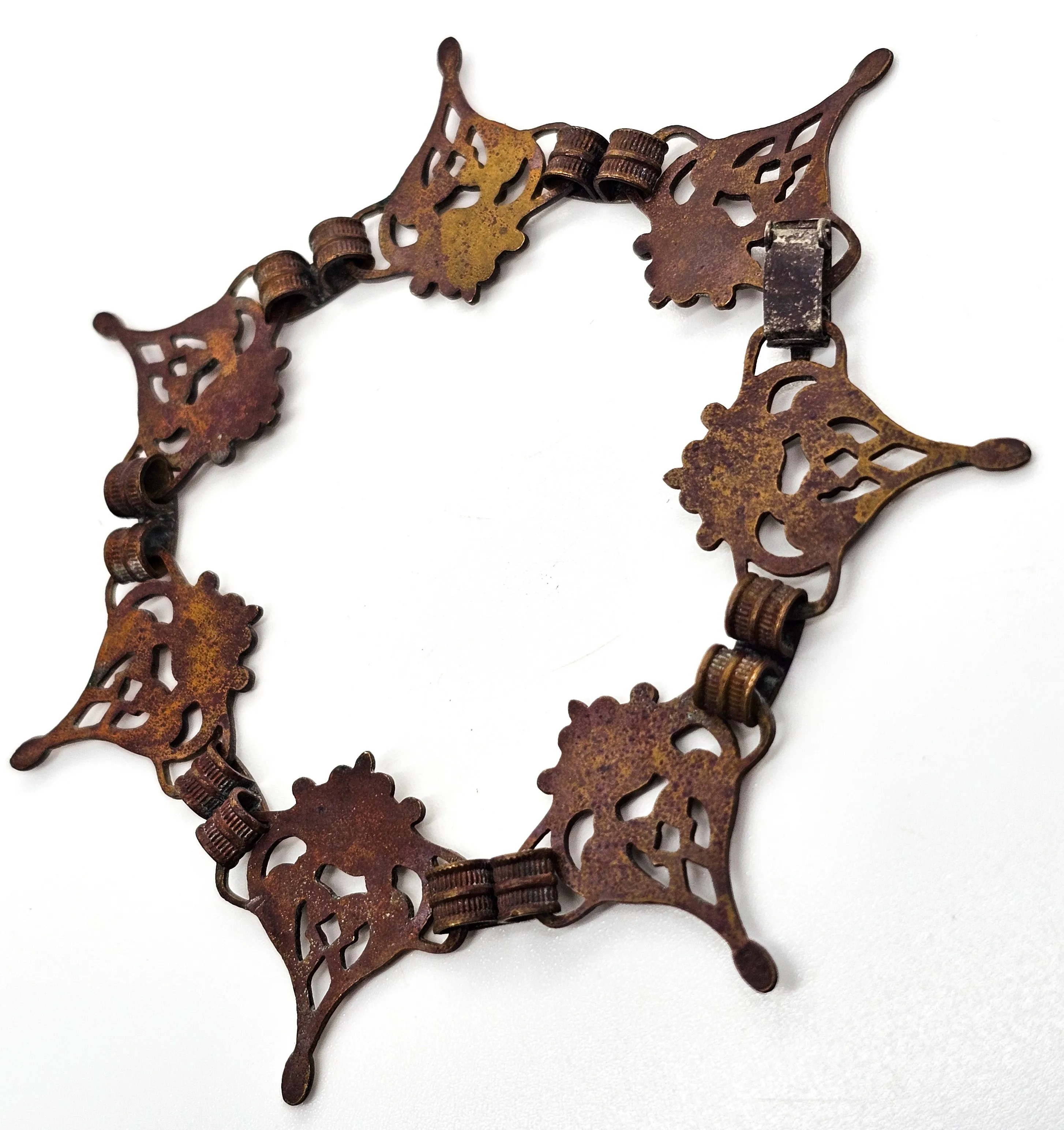 Art Nouveau brass metal flower cartouche antique tennis panel bracelet