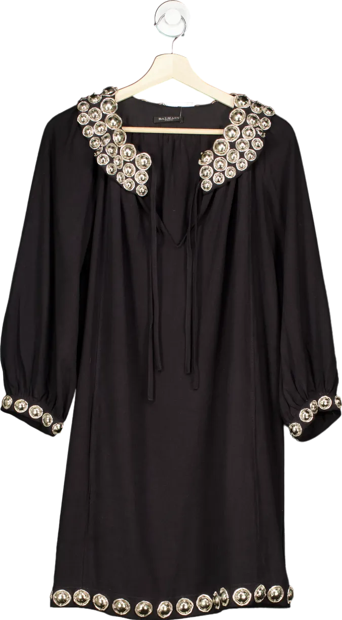 Balmain Black Embellished Silk Long Sleeve Dress UK 12