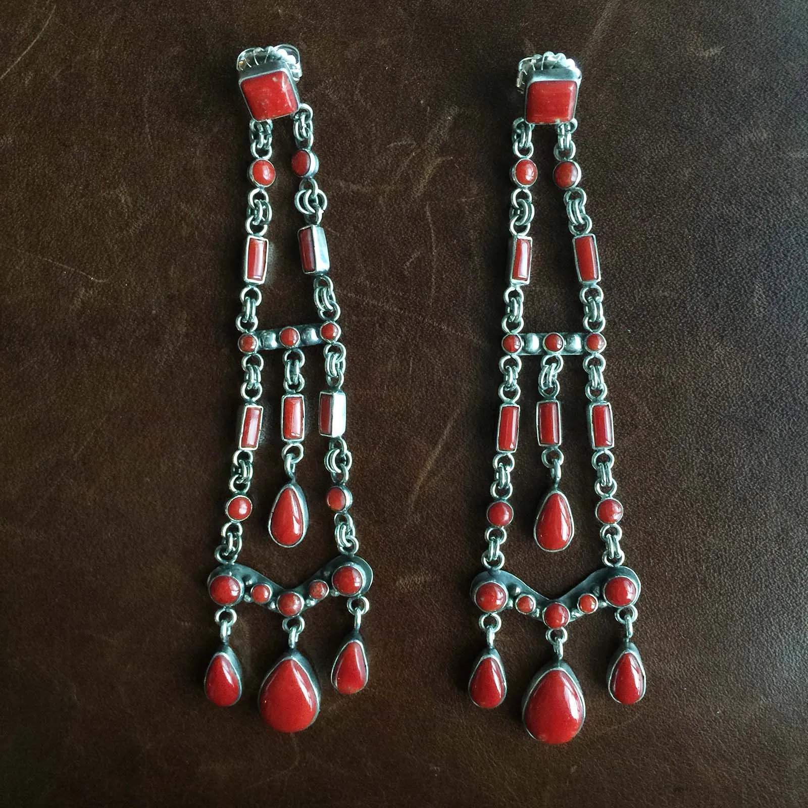 Beautiful Handmade Mini Clustered 26 Carat Red Coral Extra Long Dangle Earrings