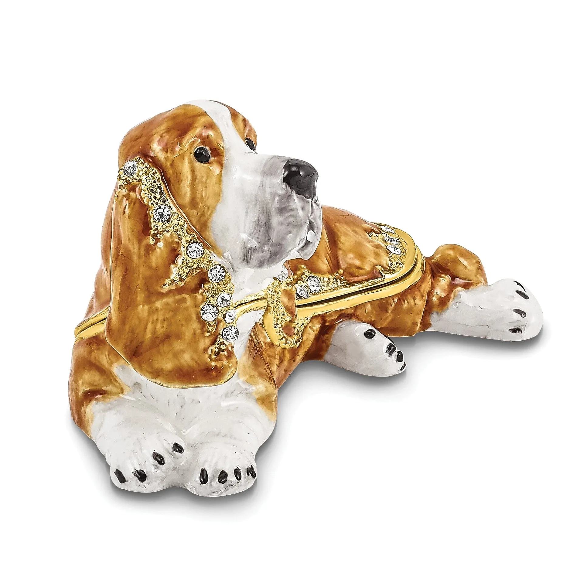 Bejeweled Gold Tone, Brown Color Finish OTIS Bassett Hound Trinket Box