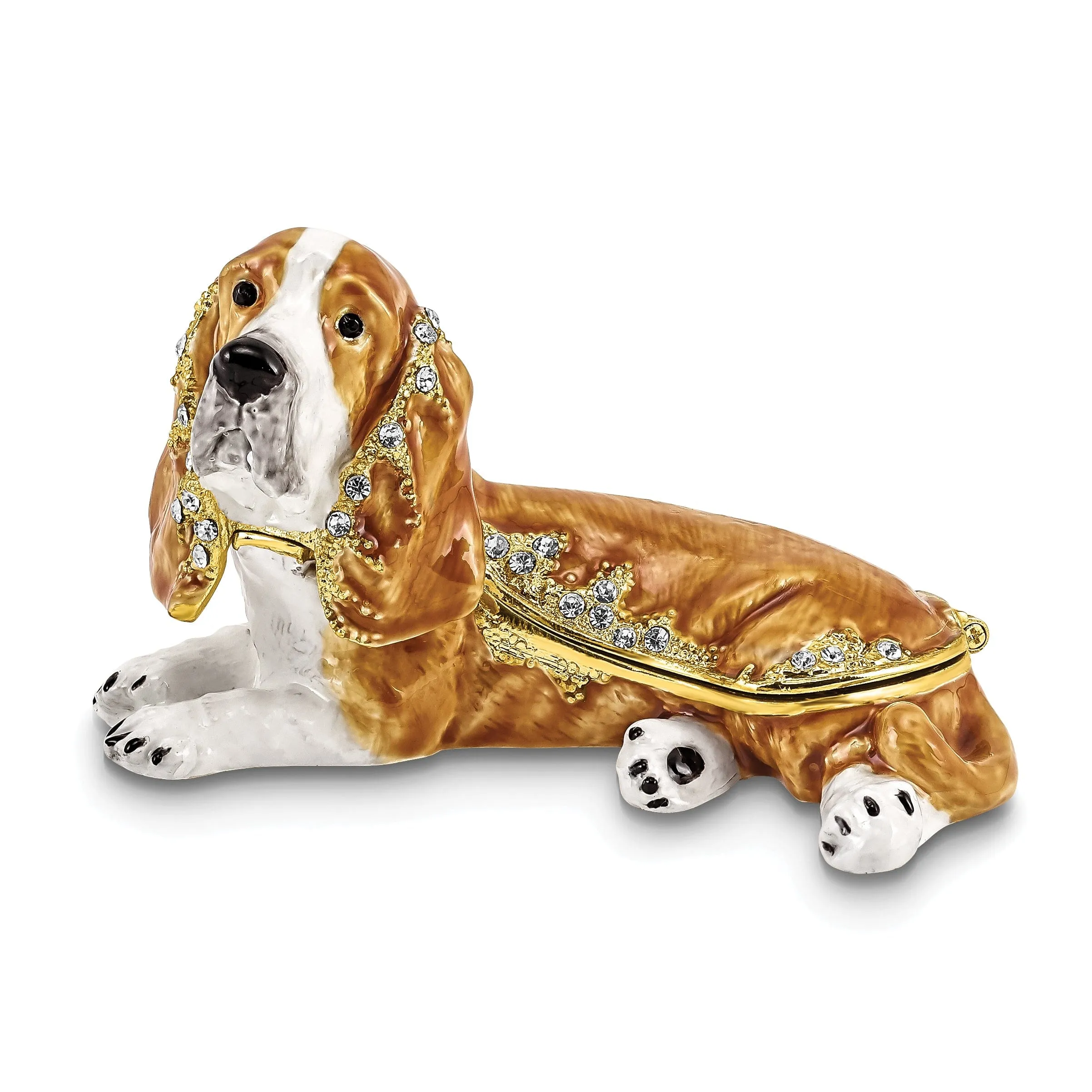 Bejeweled Gold Tone, Brown Color Finish OTIS Bassett Hound Trinket Box