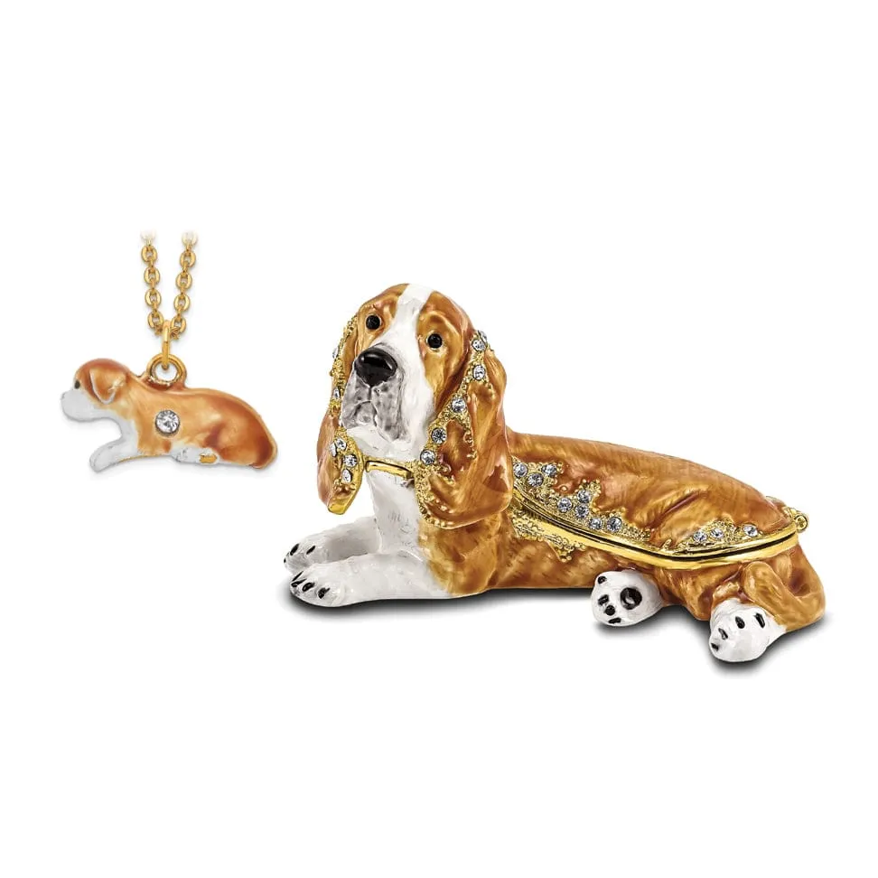 Bejeweled Gold Tone, Brown Color Finish OTIS Bassett Hound Trinket Box