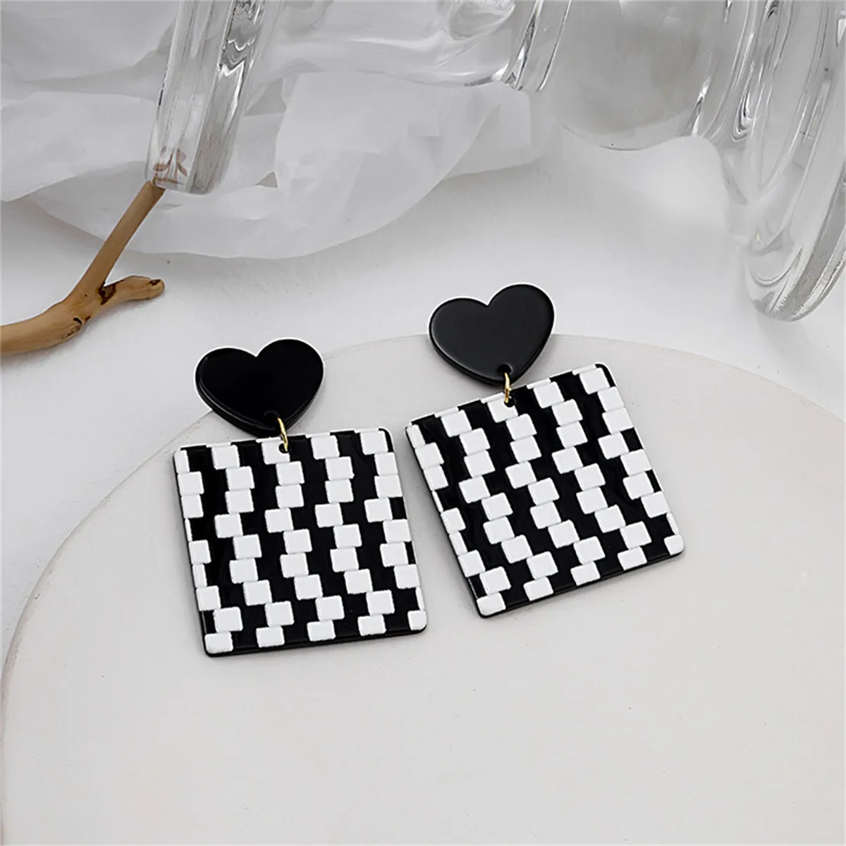 Black Acrylic & Silver-Plated Abstract Checkerboard Earrings