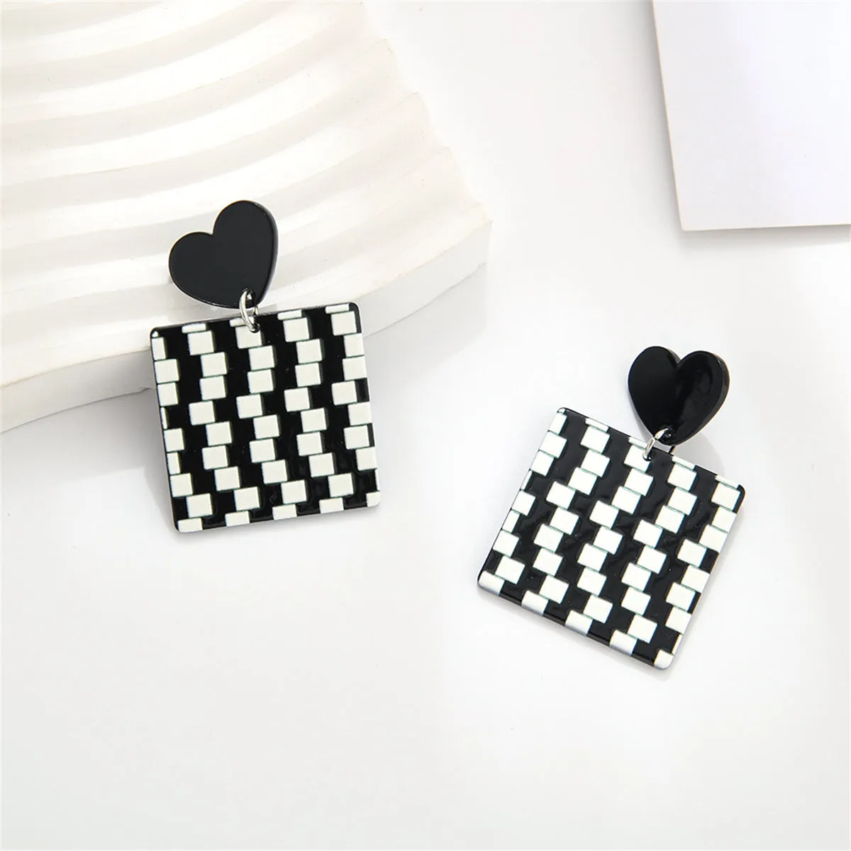 Black Acrylic & Silver-Plated Abstract Checkerboard Earrings