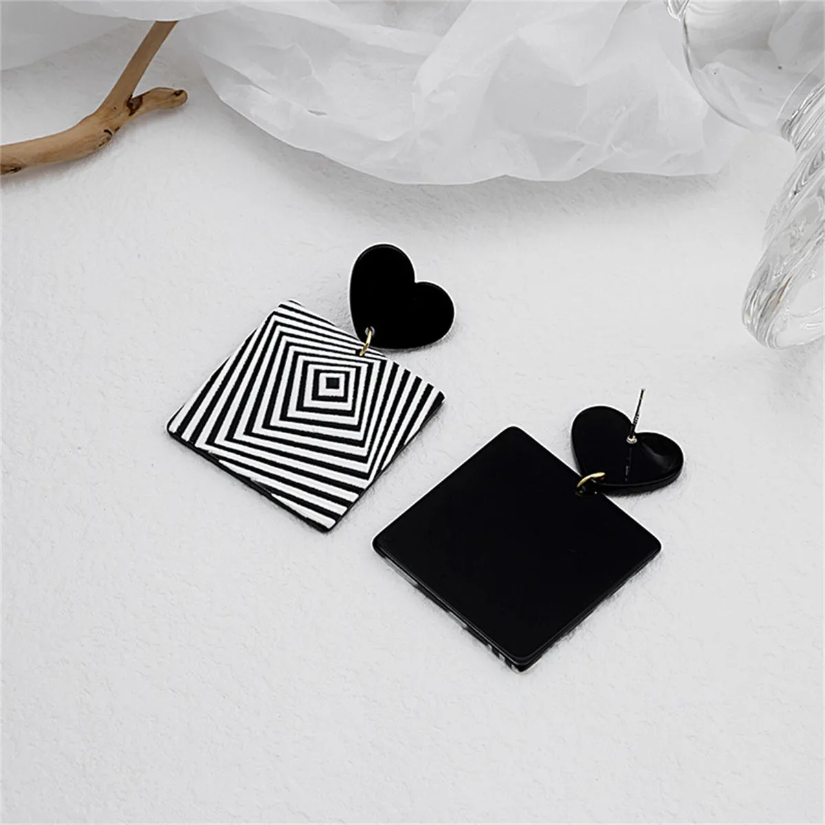 Black & White Acrylic Heart Abstract Square Drop Earrings