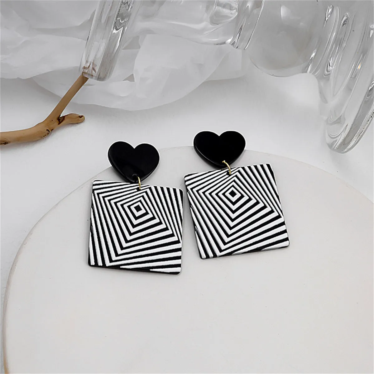 Black & White Acrylic Heart Abstract Square Drop Earrings