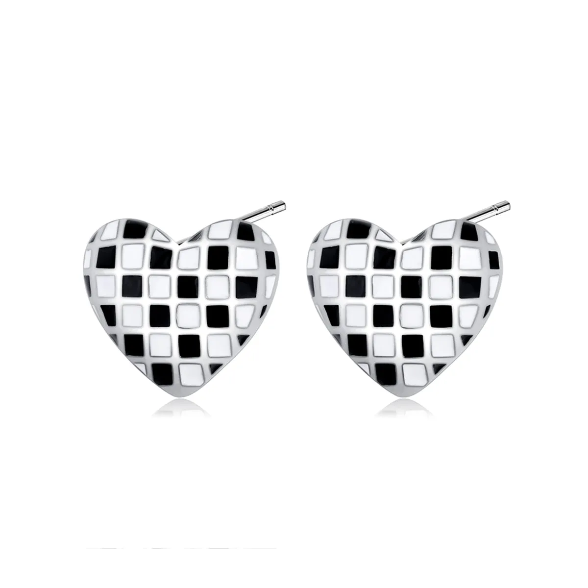 Black & White Checkerboard Heart Stud Earrings