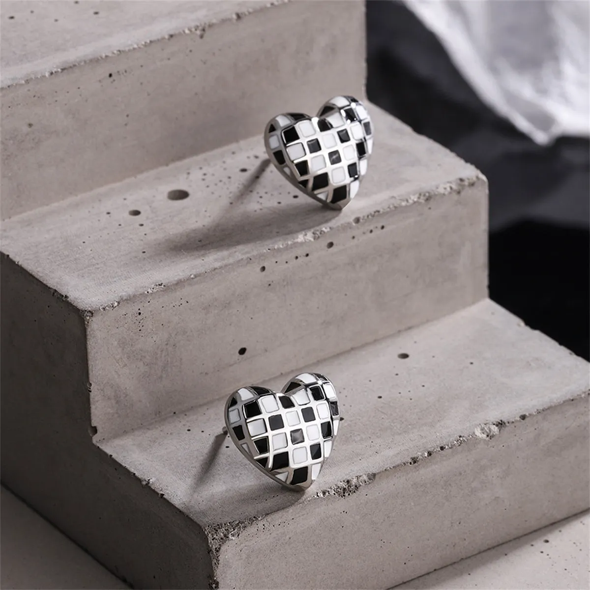 Black & White Checkerboard Heart Stud Earrings